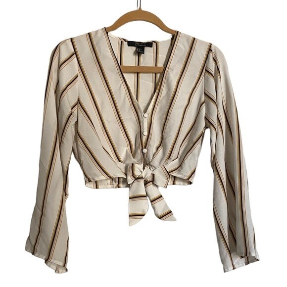 Forever 21 Contemporary Blouse Striped Yellow and White Bell Sleeve Cropped S - Picture 1 of 8
